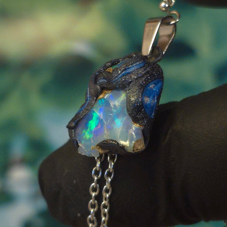 Opal Necklace — Green & Blue Fire on Blue Body